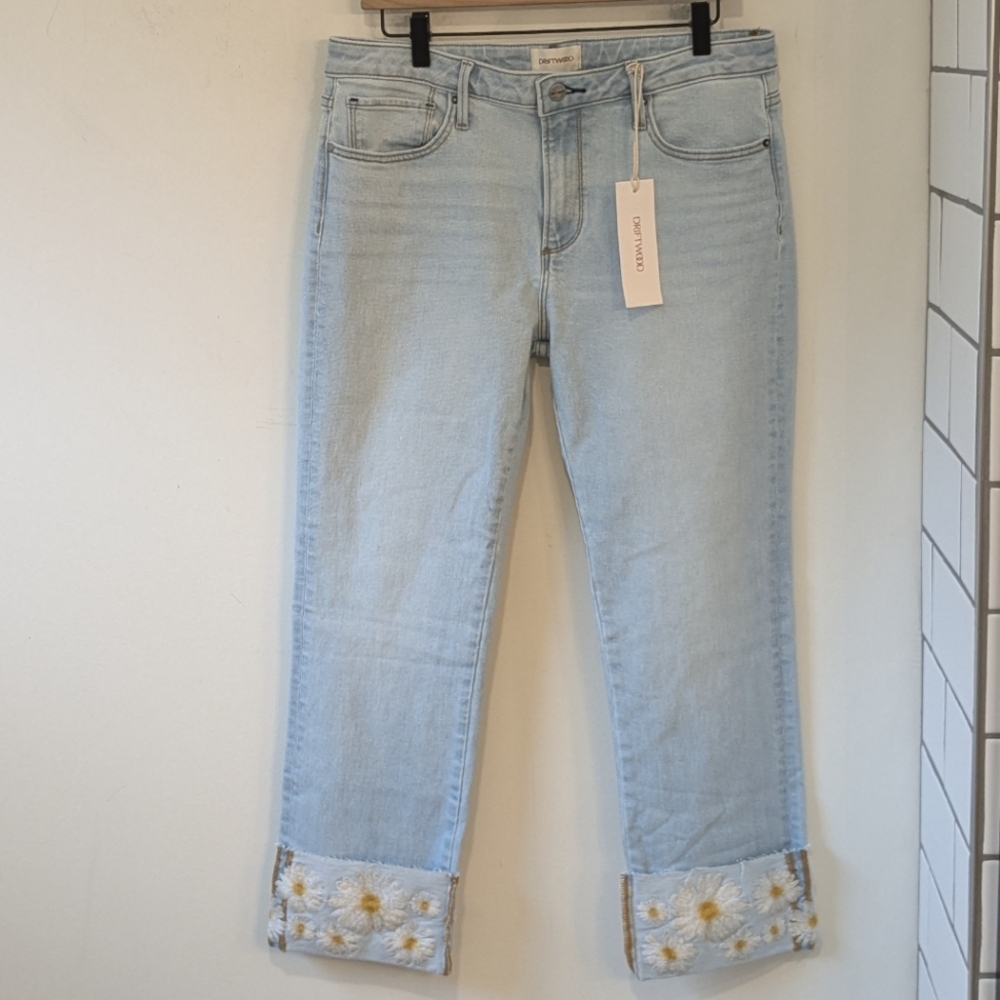 DRIFTWOOD Colette Light Wash Daisy Flower Cuff Jeans Size 12 Inseam 27" - Picture 1 of 9